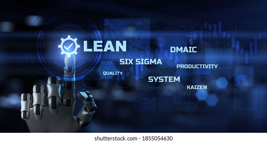 Lean manufacturing DMAIC Six Sigma Quality control Assurance Business technology concept. Robotic arm 3d render.