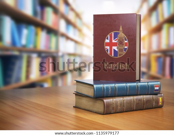 Learn English concept. English dictionary\
book or textbok with flag of Great Britain and Big ben tower on the\
cove in the library. 3d\
illustration