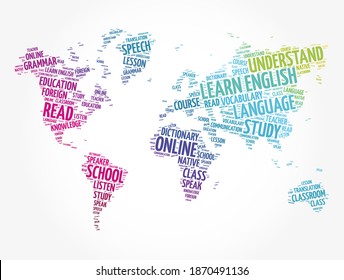 Learn English Word Cloud In Shape Of World Map, Education Concept Background