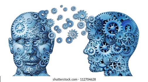 Learn and lead teamwork and Leadership as an education symbol by two human heads frontal and side view shaped with gears as a brain idea made of cogs as working together in a team partnership.