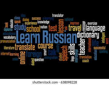Learn Russian, word cloud concept on black background.  