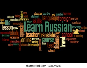 Learn Russian, word cloud concept on black background.  