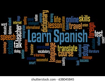 Learn Spanish, word cloud concept on black background.  