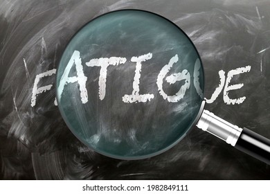 Learn, study and inspect fatigue - pictured as a magnifying glass enlarging word fatigue, symbolizes researching, exploring and analyzing meaning of fatigue, 3d illustration