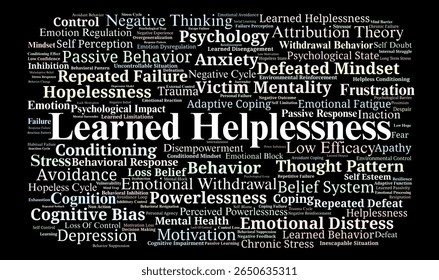 Learned Helplessness Word Cloud. Visualizing key terms on psychological states, behavior, stress, motivation, failure, and emotional response patterns.