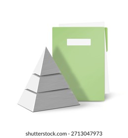 Learning activity with pyramid blocks and notebook on a white background in a classroom setting