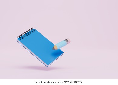 learning concept. a blue notebook and pencil on a pastel background. copy paste, copy space. 3D render.