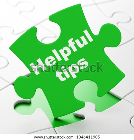Learning concept: Helpful Tips on Green puzzle pieces background, 3D rendering