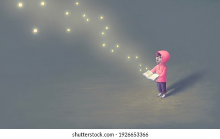 Education￼ Learning Dream Hope And Freedom Concept, Boy With  ￼imagination Book Of Fireflies. Surreal Painting. Fantasy Art, Fantasy Conceptual Artwork, Happiness Of Child , 3d Illustration