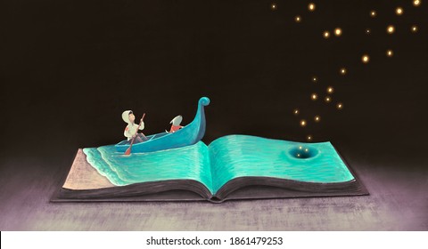 Education￼ learning dream and  inspiration concept, boy with ￼imagination book. surreal painting. Fantasy art, conceptual artwork, happiness of child illustration	
