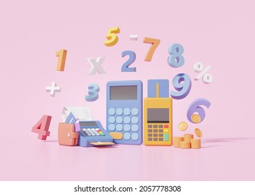 Learning finance education concept. calculator, calculate, basic math operation symbols math, plus, minus, multiplication, number divide on pink background. 3D render illustration