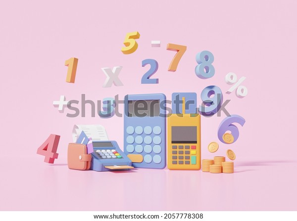 Learning\
finance education concept. calculator, calculate, basic math\
operation symbols math, plus, minus, multiplication, number divide\
on pink background. 3D render\
illustration