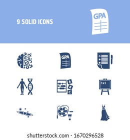 Learning icon set and prom dress with sports, creativity and gpa. Document related learning icon for web UI logo design.