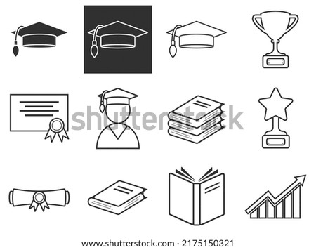 Learning icons set, linear icons on white background. Detailed set of education element icons book, graduation cap, magazine, up arrows, graduation hat