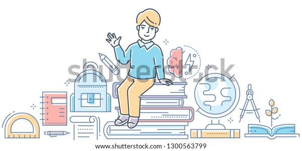 Learning - modern colorful line design style\
illustration. High quality composition with happy boy sitting on a\
pile of books, images of globe, divider, different supplies.\
School, education\
concept