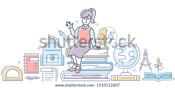 Learning - modern colorful line design style\
illustration. A composition with happy girl sitting on a pile of\
books, images of globe, divider, bag, different supplies. School,\
education\
concept