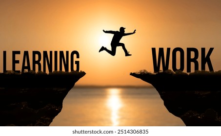Learning and work concept. Silhouette of jumping student against the sun.