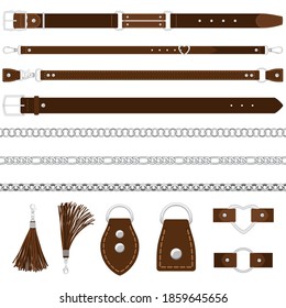 leather belts, silver chains, colars isolated on white background