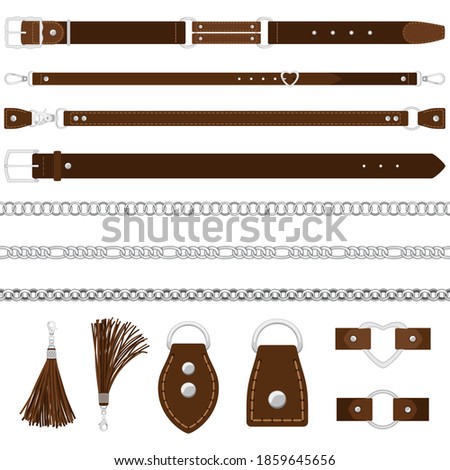 leather belts, silver chains, colars isolated on white background