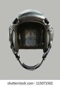 Leather Helmet Astronaut On A Gray Background With A Radio Transmitter And A Strap Under The Chin