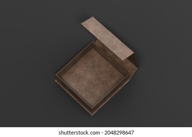 Leather Opened Square Folding Gift Box Mock Up On Black Background. View Above. 3d Illustration.