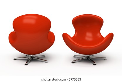 Leather Red Armchair (front And Back View) Isolated On White Background