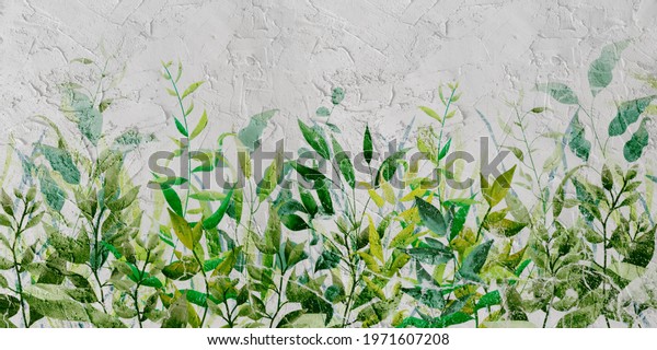 Green leaves on a texture wallpaper in the form of a background in a watercolor slightly lazy stele into the restaurant. 