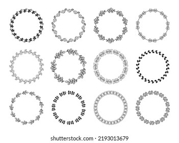 Leaves Ornament Circle Frame. Rustic Wreath, Round Leaf Border And Floral Ornaments  Set. Cute Botanical Decoration Elements, Foliage Frames For Wedding Invitations And Greeting Cards