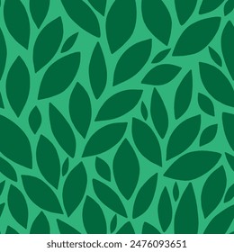 Leaves ornamental texture seamless pattern. Monochromatic green falling leaves top view. Flourish nature summer garden. Hand drawn flat lush vegetation. Raster foliate allover illustration