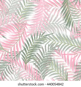 Leaves of palm tree. Seamless pattern. Palm leaf in gray pink on white background. Tropical trees leaves.