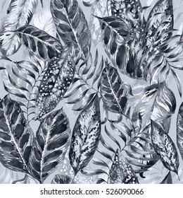 Leaves pattern gray trendy color watercolor painting seamless. Monochrome leaves background hand painting illustration.
