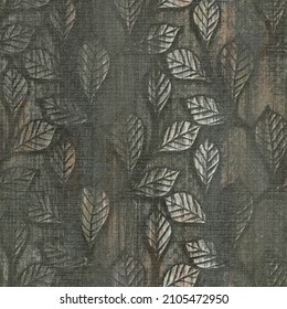 Leaves pattern on grunge background, dark wall stencil, seamless texture, 3d illustration 