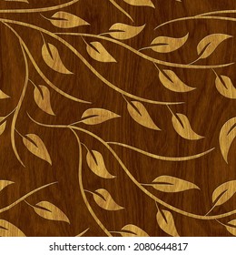 Leaves pattern on wood background, seamless texture, marquetry panel, 3d illustration
