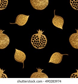 Leaves and pomegranate pattern. Gold hand painting seamless background. Autumn illustration.