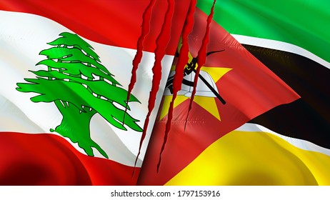 Lebanon And Mozambique Flags With Scar Concept. Waving Flag,3D Rendering. Lebanon And Mozambique Conflict Concept. Lebanon Mozambique Relations Concept. Flag Of Lebanon And Mozambique Crisis,war,
