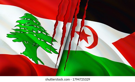 Lebanon And Western Sahara Flags With Scar Concept. Waving Flag,3D Rendering. Lebanon And Western Sahara Conflict Concept. Lebanon Western Sahara Relations Concept. Flag Of Lebanon And Western
