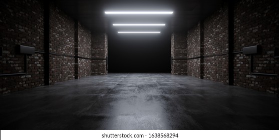 Led Brick White Glowing Concrete Tunnel Corridor Garage Underground Dark Night Empty Industrial Car Showroom Parking Modern 3D Rendering Illustration