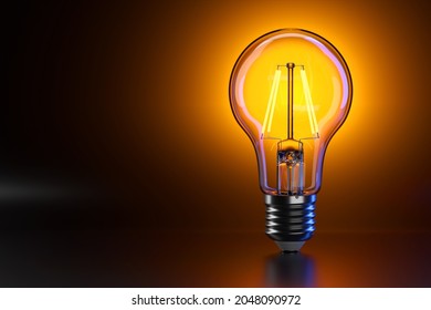 LED Filament Light Bulb With Copy Space On Dark Background. 3D Rendering Illustration.