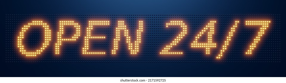 LED text scolling display matrix with text OPEN 24 7. 3D illustration