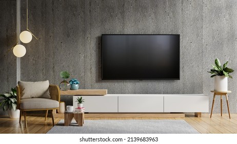 LED TV Mockup On Cabinet In Living Room The Concrete Wall.3d Rendering