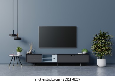 LED TV On The Dark Blue Wall In Living Room,minimal Design.3d Rendering