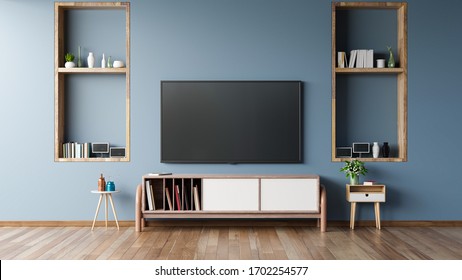 LED TV On The Dark Wall In Living Room,minimal Design,3d Rendering