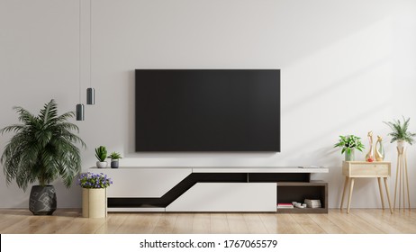 LED TV On The White Wall In Living Room,minimal Design,3d Rendering