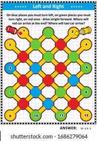 Left And Right Maze Game For Kids And Adults: On Blue Places You Must Turn Left, On Green Places You Must Turn Right, On Red Ones - Drive Stright Forward. Where Will Red Car Arrive At The End? Taxi?