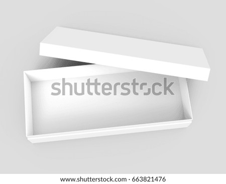 left tilt white 3d rendering blank open rectangular box with box separate lid, casually placed, isolated gray background, top view