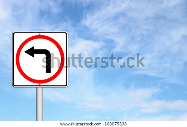 left turn\
road sign over blue sky blank for\
text