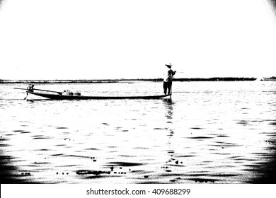 Leg Rowing Fisherman And His Nets In A Small Boat On Inlet Lake,  Myanmar (Burma)