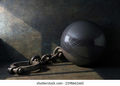 Leg Shackles With A Ball Illuminated By A Beam Of Light In A Dungeon. 3d Rendering