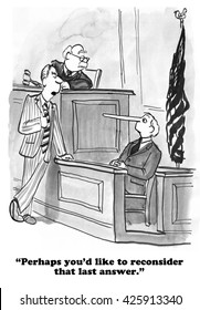 Legal Cartoon About Man On The Witness Stand Not Telling The Truth.