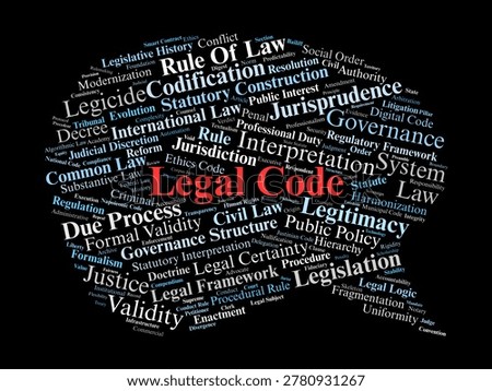 Legal Code Word Cloud. A Visual Representation Of Codified Statutes, The Philosophical Concept Of Legicide, And The Structural Principles Ensuring Legal Certainty And Judicial Integrity.